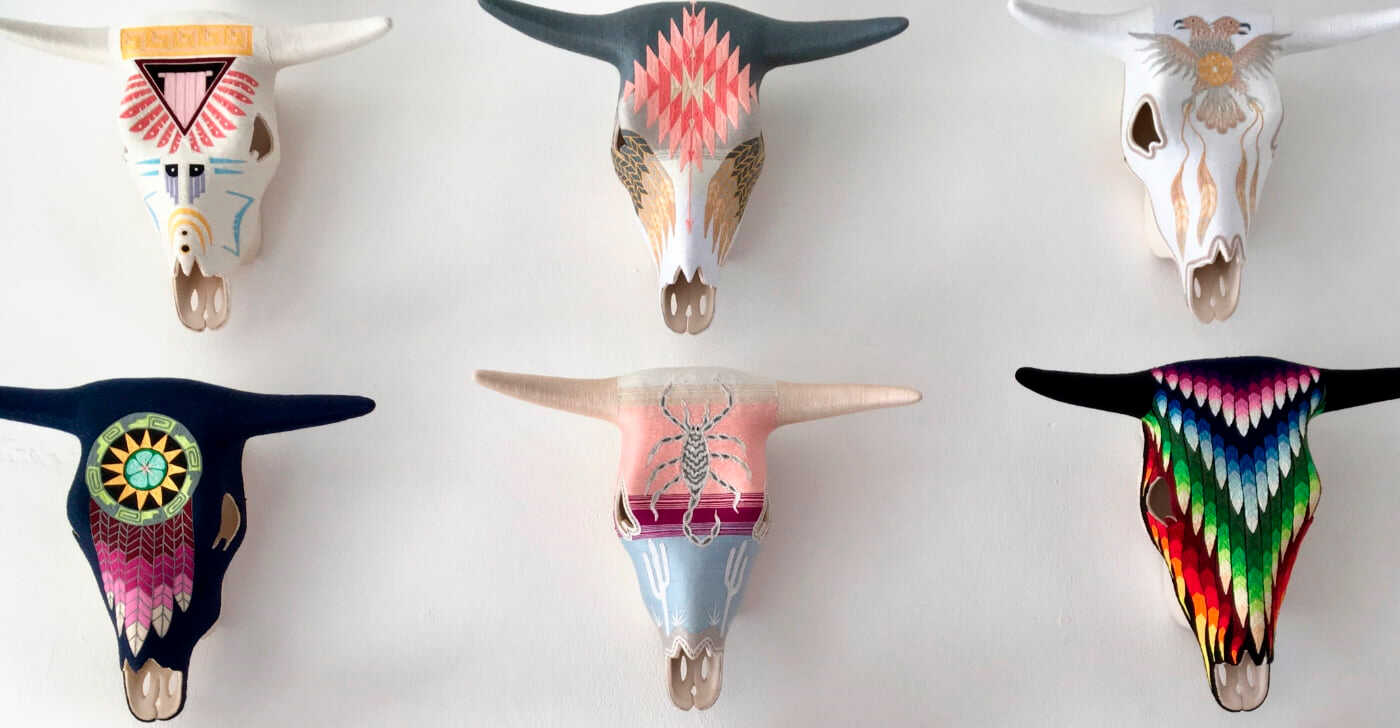 Hand-threaded artistic string art wrapped on cow skull mold